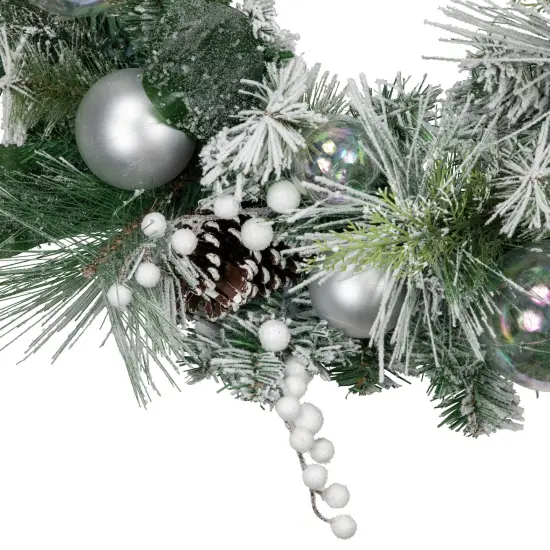 Northlight Flocked Pine Artificial Christmas Wreath with Iridescent Ornaments, 24-Inch, Unlit Green {5}