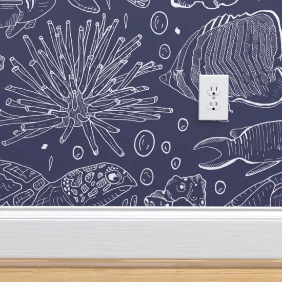 Pre-Pasted Wallpaper 2FT Wide Blue Fish Turtles Line Drawing And White Sea Creatures Life Coastal Navy Underwater Animals Chic Beach House Custom Pre-pasted Wallpaper by Spoonflower {4}