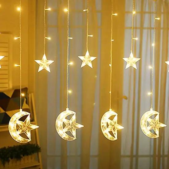 Twinkle Star 138 LED Star Moon Curtain String Lights, 8 Modes Decorations for Ramadan, Christmas, Wedding, Party, Home, Patio Lawn, Warm White (USB Powered) {6}
