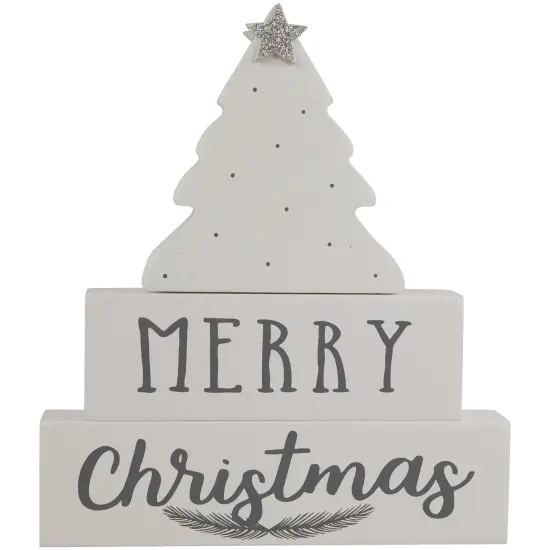 Northlight Star Topped Tree "Merry Christmas" Wooden Block Decoration - 6.75" White {1}