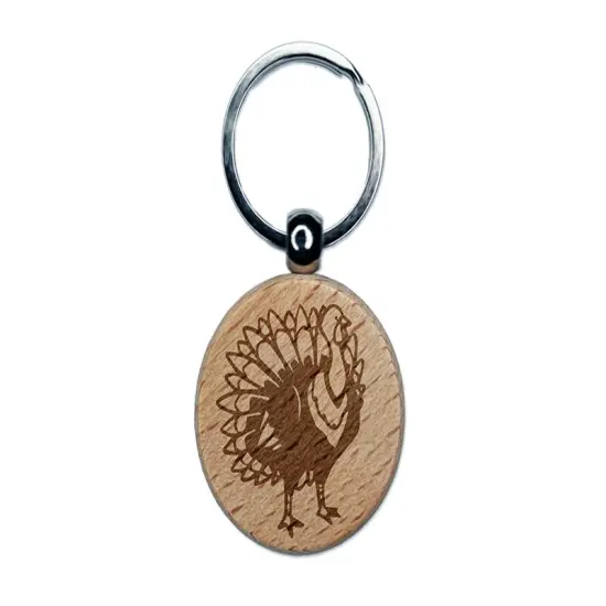 Proud Standing Turkey Engraved Wood Round Keychain Tag Charm {1}