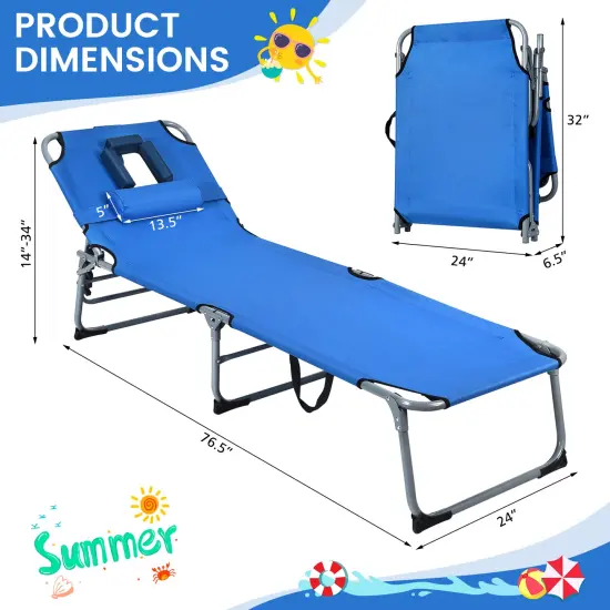 Folding Chaise Lounge Chair Bed Adjustable Outdoor Patio Beach Blue {5}