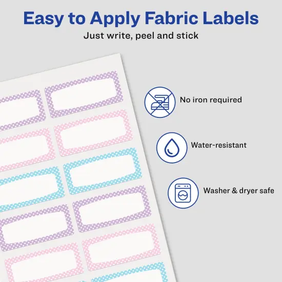 Avery&reg; No-Iron Fabric Name Labels, Soft Pastels Preprinted Designs, Handwrite Only, 3/4" x 1-3/4", 24 Preprinted Labels (40775) {4}