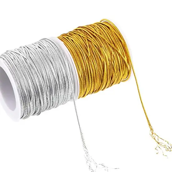 2 Rolls Metallic Elastic Cords Stretch Cord Ribbon Metallic Tinsel Cord Rope for Craft Making Gift Wrapping, 1 mm 55 Yards (Gold and Silver) {3}