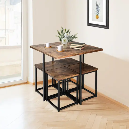 5 Pieces Metal Frame Dining Set with Compact Dining Table and 4 Stools Walnut - Black {1}