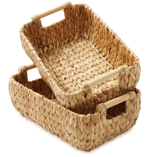 Casafield Set of 2 Water Hyacinth Seagrass Oval Storage Baskets with Wooden Handles - Woven Bin Organizers {1}