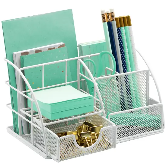 Sorbus Desk Organizer, Great for Office Supplies Organization Decor, All-in-One Stylish Mesh Desktop Caddy Includes Pen/Pencil Holder, Mail Organizer, and Sliding Drawer White {1}
