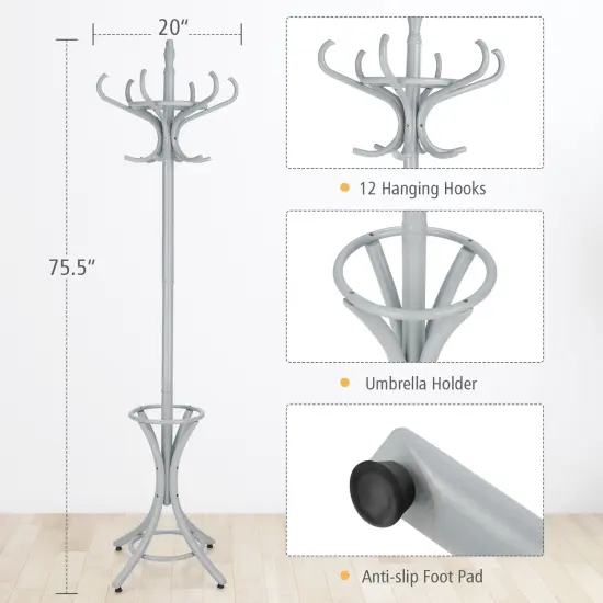 Wooden Freestanding Hat Coat Rack with Umbrella Stand Perfect for Any Room Grey {4}