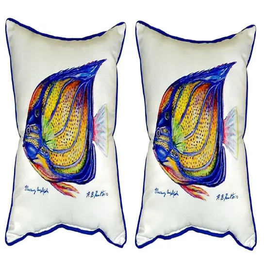 Pair of Betsy Drake Blue Ring Angelfish Small Pillows 12 Inch X 12 Inch {1}