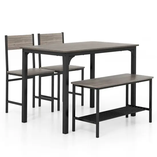 4 Pieces Rustic Dining Table Set with 2 Chairs and Bench Grey {3}