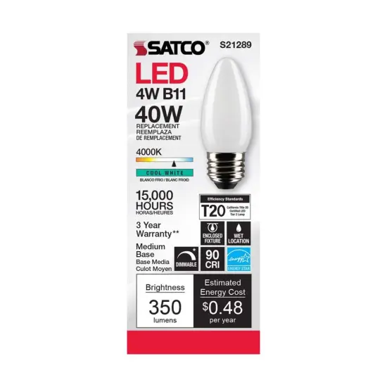 6Pk - Satco 4w B11 LED 4000K Medium Base Frosted Dimmable - 40w equiv Cool White {4}