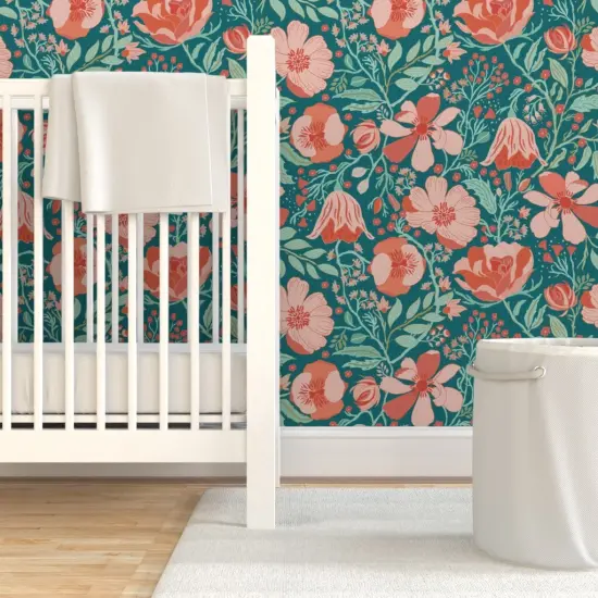 Pre-Pasted Wallpaper 2FT Wide Coral Chintz Blue Green Pink Jumbo Scale Magnolia Flower Botanical Garden Custom Pre-pasted Wallpaper by Spoonflower {7}