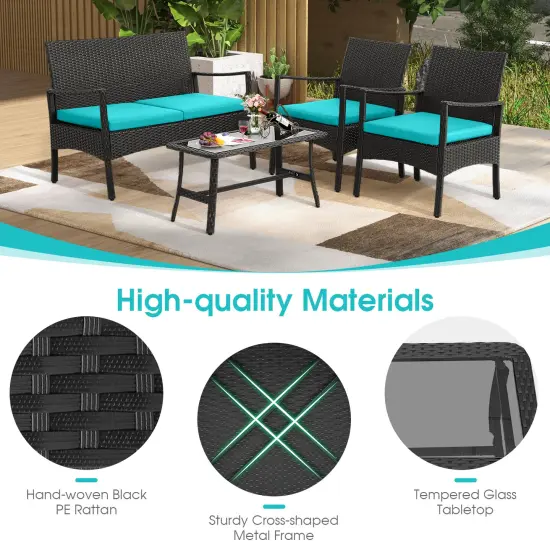 4 Pieces Outdoor Rattan Conversation Set with Tempered Glass Coffee Table Black And Turquoise {5}