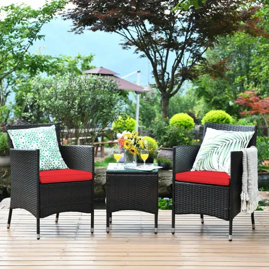 3 Pieces Patio Wicker Rattan Furniture Set with Steel Frame and Polyester Cushions Red {2}
