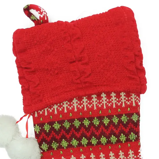 Northlight 19" Red and Green Sweater Knit Christmas Stocking with Pom Poms {3}
