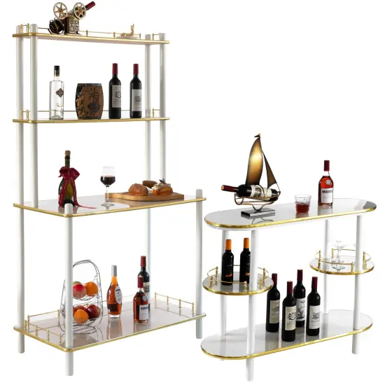 Set of 2 Pieces, Bartender Serving Display Station, Bar Console Working Counter with Open Shelves, Bar Console Island with Tier Shelves for Glass and Bottles, Wood White {10}