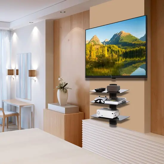 Floating Entertainment Center Shelves, Holds Up to 17.6lbs, TV Shelf with Strengthened Tempered Glasses for DVD Players, Cable Boxes, Games Consoles, TV Accessories (CS303B), 3 Shelf, Black {6}