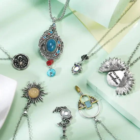 14 Pcs Vintage Crystal Pendant Necklaces for Women Girls Chakra Healing Carnelian Necklace Bohemian Retro Sunflower Necklace Sun and Moon Pendants {6}