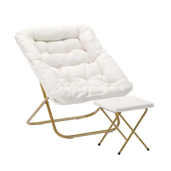 Emma and Oliver Aisling Oversized Folding Saucer Chair and Ottoman for Dorm, Bedroom IvoryShearl/SoftGold {2}