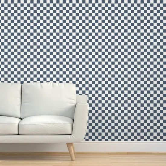 Pre-Pasted Wallpaper 2FT Wide Blue Checkerboard Grid Squares Check Block Print Slate Gray Weathered Distressed Custom Pre-pasted Wallpaper by Spoonflower {5}