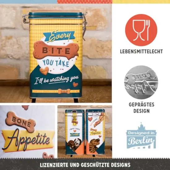 Retro tin box, 44 oz, Every Bite You Take Dog Treats &ndash; Gift idea for dog owners, metal clip top can for treats, vintage design {6}