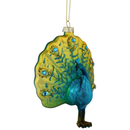 Northlight Standing Glittered Peacock Glass Christmas Ornament - 4.75"- Yellow and Blue {4}