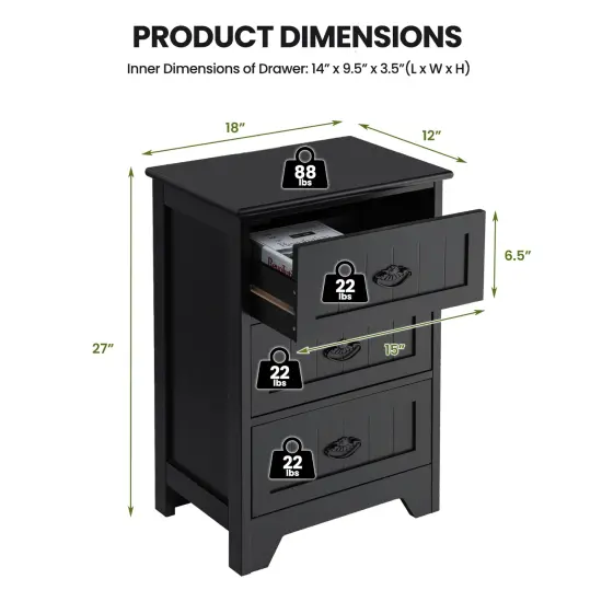 3 Drawers End Storage Wood Side Nightstand Black {4}