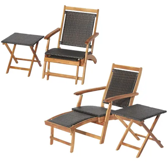 Costway 4PCS Patio Rattan Folding Lounge Chair Table Acacia Wood withRetractable Footrest {2}