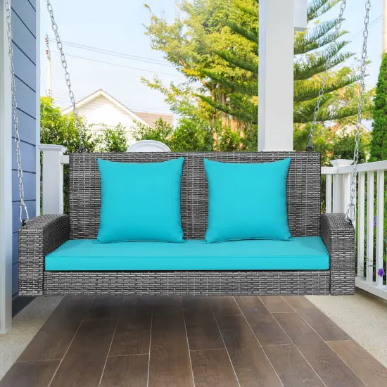 2-Person Patio PE Wicker Hanging Porch Swing Bench Chair with Cushion Turquoise {1}