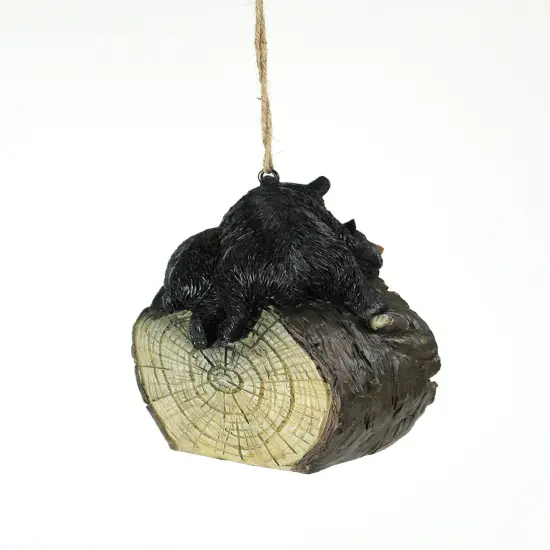 Playful Black Bears On Cut Log Polyresin Hanging Birdhouse {5}