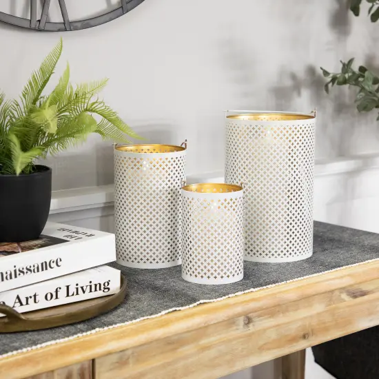 Northlight Laser-Cut Iron Candle Holders with Handles - 10" - White and Gold - Set of 3 {4}