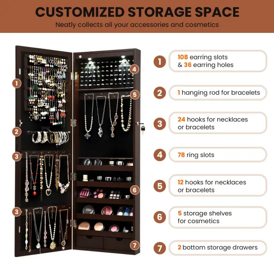 Lockable Wall Mount Mirrored Jewelry Cabinet with LED Lights Brown {6}
