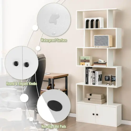 Engineered Wood S-Shaped Bookshelf with Cabinet and Doors White {2}