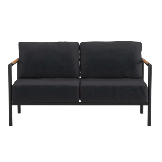Merrick Lane Eastport Outdoor Loveseat with Removable Plush Fabric Cushions and Teak Accented Aluminum Frame Charcoal {3}