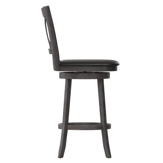 Merrick Lane Sora 30" Classic Wooden Crossback Swivel Bar Height Pub Stool with Upholstered Padded Seat and Integrated Footrest GrayWashWalnut/Black {5}