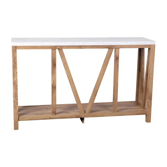 Merrick Lane Erikson Modern Farmhouse Engineered Wood Sofa Table with Wood Bracing and Lower Shelf Warm Oak/Marble {4}