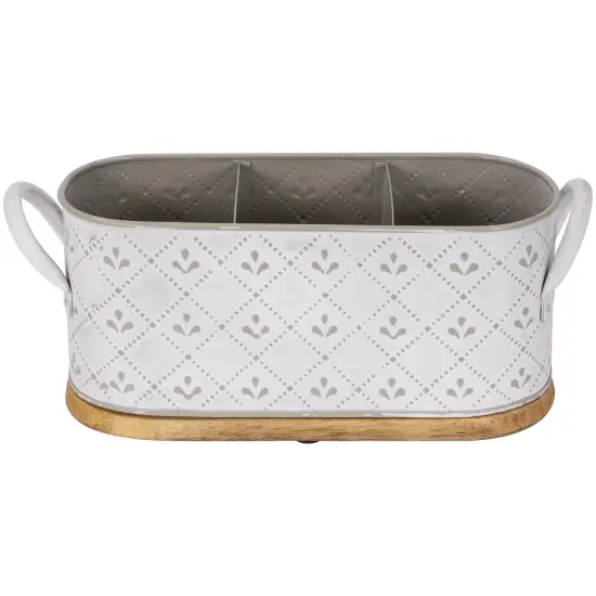 Northlight 11.25" White Oval Embossed Utensil Caddy with Side Handles and Wooden Base {5}