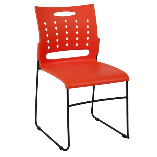 Emma and Oliver Home Office Plastic Accent Sled Base Stack Chair - Air-Vent Back Orange {1}