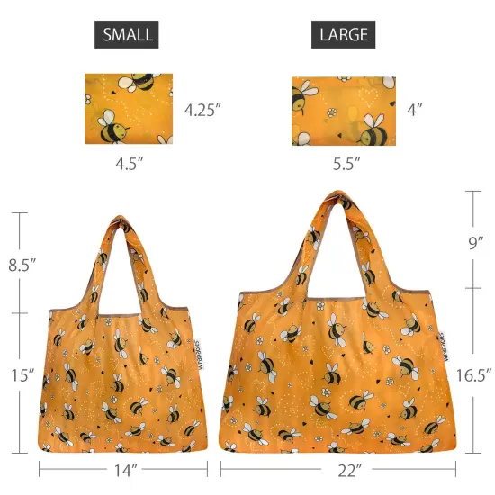 Wrapables Large & Small Foldable Tote Nylon Reusable Grocery Bags, Set of 2 Yellow Bees {2}