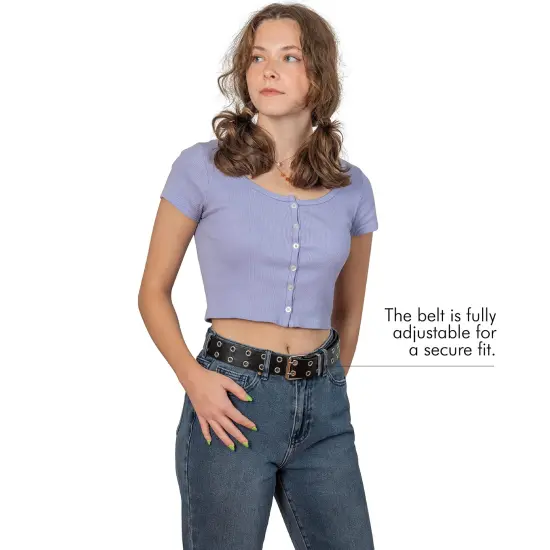 Double Grommet Punk Belt - Black Faux Leather 2 Prong and Holes Aesthetic Grunge Belts for Men Women and Kids Size Small {4}