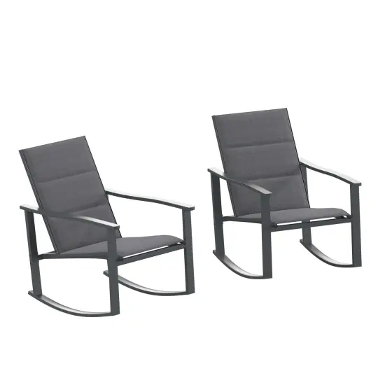 Merrick Lane Brevyn Set of 2 Flex Comfort Outdoor Rocking Chairs with Steel Frames Black {1}