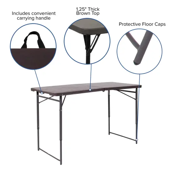 Emma and Oliver 4-Foot Height Adjustable Bi-Fold Dark Gray Plastic Folding Table with Handle Brown {2}