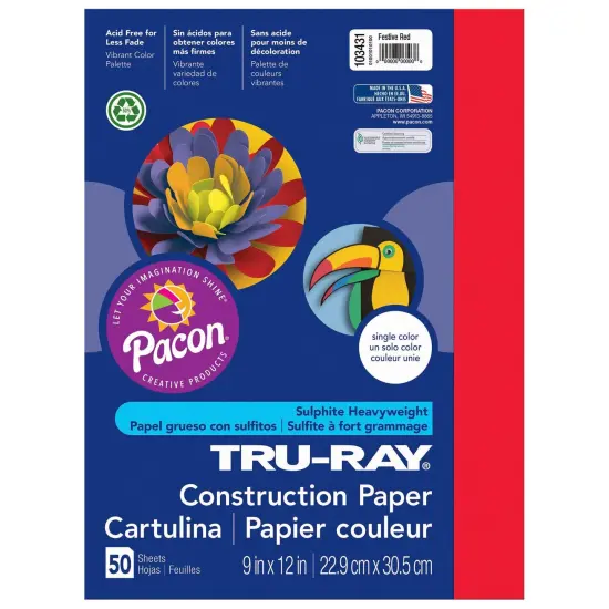 Construction Paper, Festive Red, 9" x 12", 50 Sheets Per Pack, 5 Packs {2}