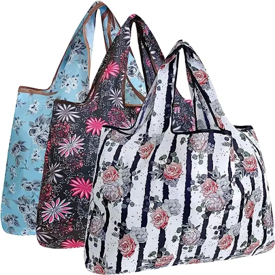 Wrapables Large Foldable Tote Nylon Reusable Grocery Bags, 3 Pack Vintage Flowers {1}