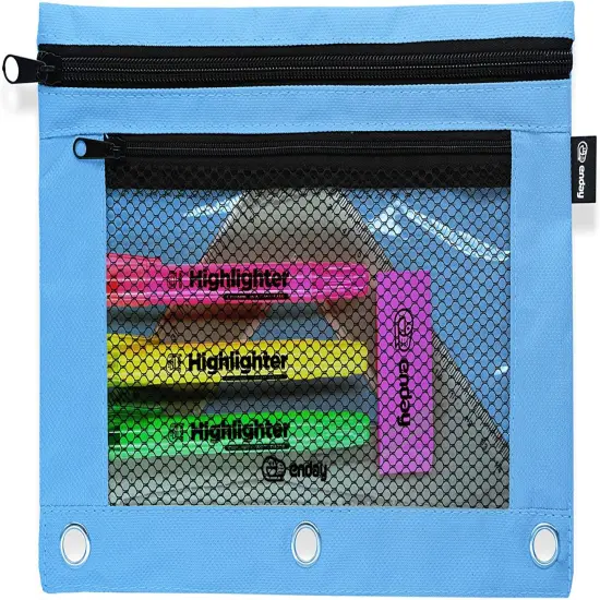 Enday Double Zipper 3-Ring Pencil Pouch With Mesh Window Blue {5}