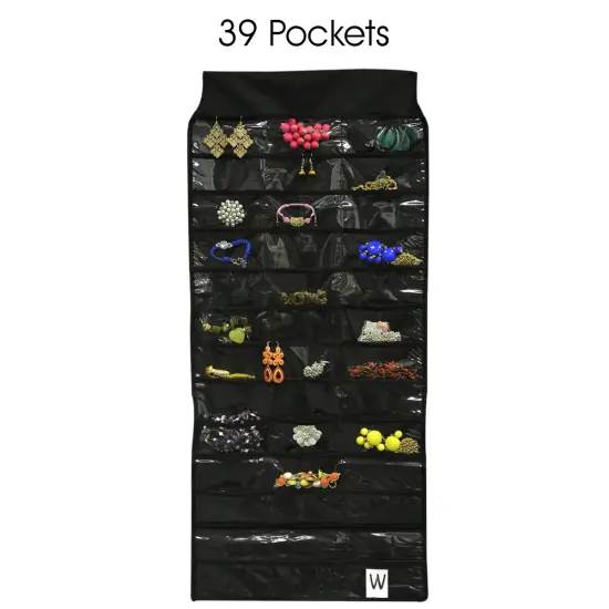 39 Pocket Black Polyester Hanging Jewelry Organizer with 28 Holding Loops {2}