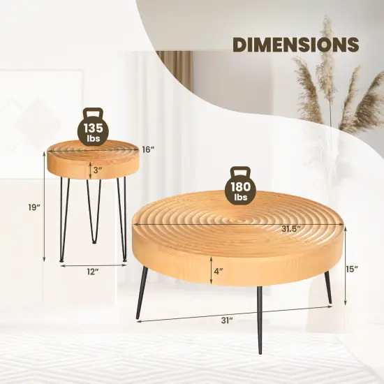 Set of 2 Solid Wood Farmhouse Round Coffee Tables Ring Pattern {5}