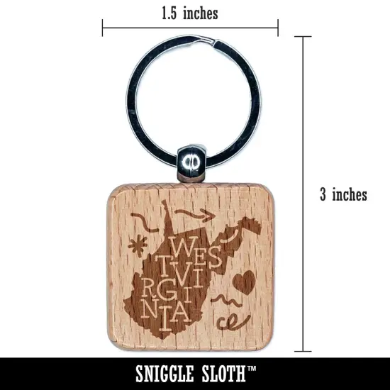 West Virginia State with Text Swirls Engraved Wood Square Keychain Tag Charm {2}