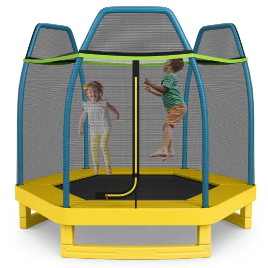 Mini Trampoline for Kids with Safety Net Foam Poles Steel Frame Bounce Jumper for Indoor Outdoor Green and Yellow {1}
