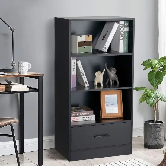 48 Inch Tall 4 Tiers Wood Bookcase with Drawer-Black {3}
